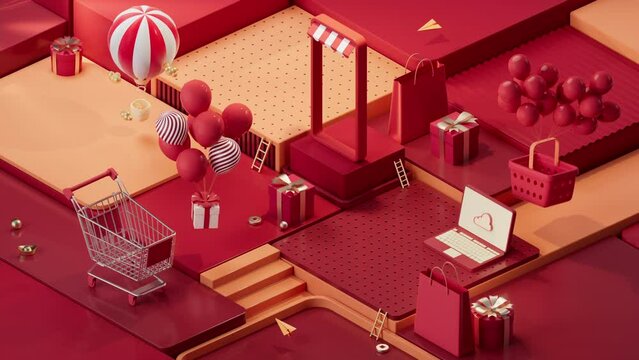 Loop animation of shopping day activity with cube platform background, 3d rendering.