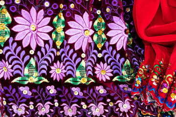 Close up of the skirt with traditional design for Cuenca city and Azuay province of Ecuador. It...
