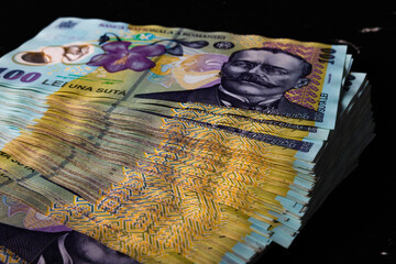 Stack of LEI Romanian money. RON Leu Money European Currency