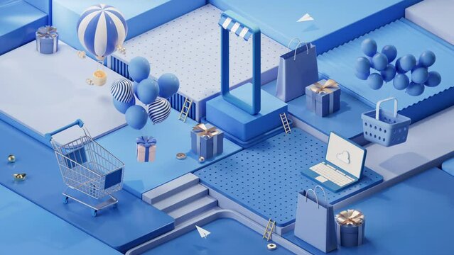 Loop animation of shopping day activity with cube platform background, 3d rendering.