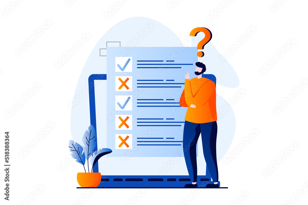Poster online survey concept with people scene in flat cartoon design. man thinking and fills out form of q