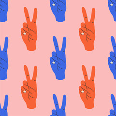 Seamless vector pattern with peace gesture. Retro 70s background with hands. Vintage nostalgia elements for design and print.