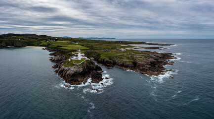 drone landscape view of Fanad Head Lighthouse and Peninsula on the northern coast of Ireland
