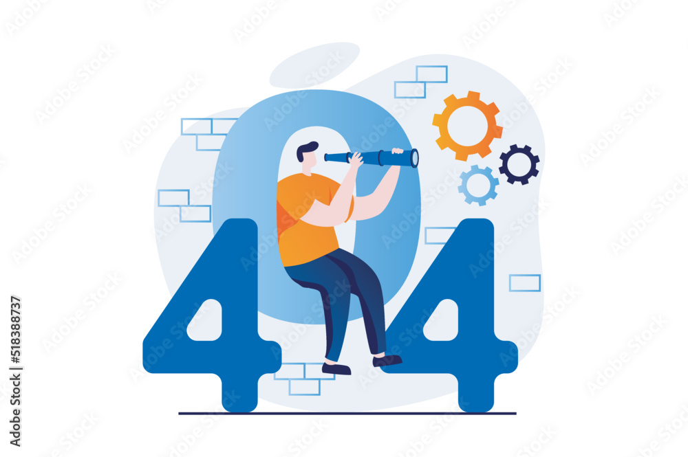 Aufkleber page not found concept with people scene in flat cartoon design. man with spyglass looking for site 