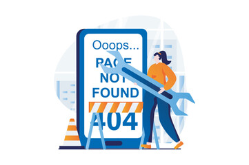 Page not found concept with people scene in flat cartoon design. Woman with wrench repairs broken website, fixing and optimizes connection from mobile phone. Vector illustration visual story for web