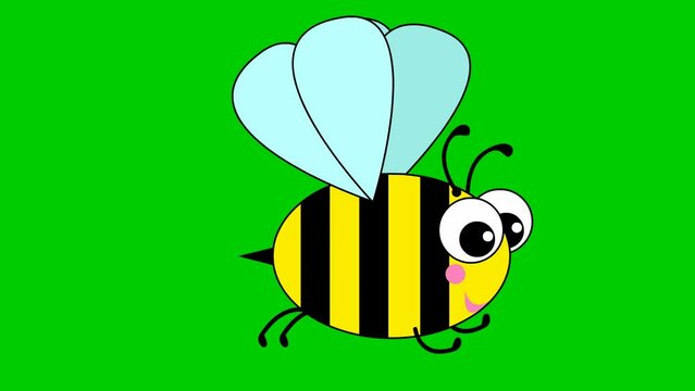 Animated funny bee. The happy bee flies. Looped video. Flat vector illustration isolated on a green background.