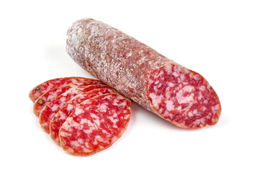 Cured salami sausage, Italian cuisine, isolated on white background.
