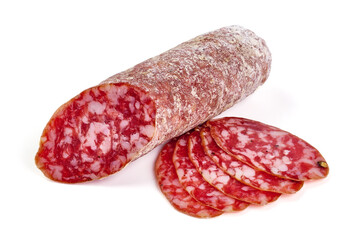 Cured salami sausage, Italian cuisine, isolated on white background.