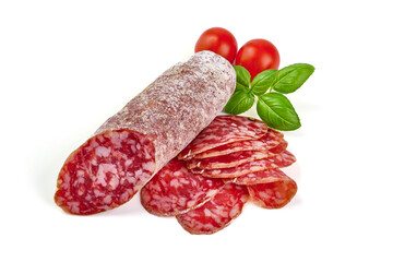 Cured salami sausage, Italian cuisine, isolated on white background.