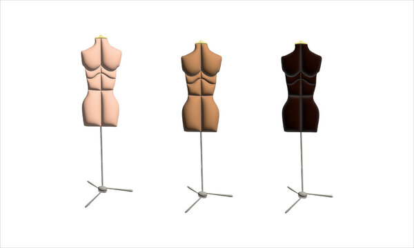 Tailors mannequin female form set 3D illustration various skin tones for alternative avant garde fashion,