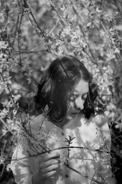 Woman Surrounded By Blooming Forsythia