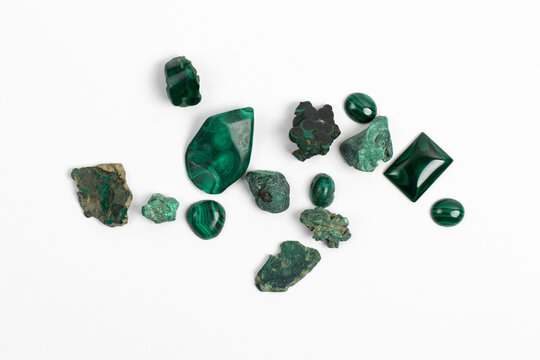 Malachite mineral collection. Specimens on White Background. Green copper carbonate mineral