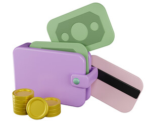 3D Money Saving icon concept. Online payment, Wallet, coins and credit card on background isolated, 3d rendering. 3D illustration.