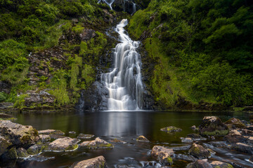 horizontal view of the picturesque Assaranca Waterfall on the coast of County Donegal in Ireland