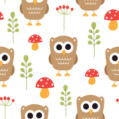 Cute owl seamless pattern. Autumn texture with owls, mushrooms and plants. Vector illustration.