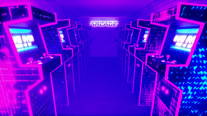 arcade slot machines in a game hall (3d rendering)