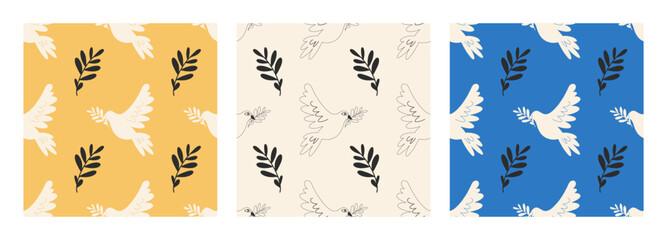Set of seamless patterns with doves with olive vecta. Colors of the Ukrainian flag. Dove as a symbol of world peace and freedom for Ukraine in wartime.
