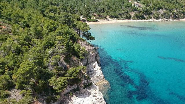 Aerial view over Chrisi Milia beach and the rocky surrounded area in Alonissos island, Greece