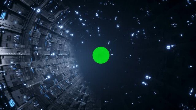 Space futuristic base with ships traffic. Futuristic concept. Green screen 4k footage.