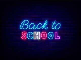 Back to school neon typography. Welcome to school sign. September market sale. Vector stock illustration