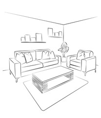 Linear sketch of the interior living room.