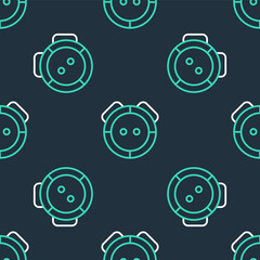 Line Robot vacuum cleaner icon isolated seamless pattern on black background. Home smart appliance for automatic vacuuming, digital device for house cleaning. Vector