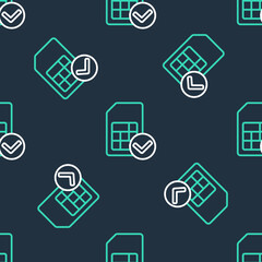 Line Sim card icon isolated seamless pattern on black background. Mobile cellular phone sim card chip. Mobile telecommunications technology symbol. Vector