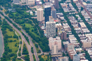 Aerial view of Chicago featuring the Edgewater Neighborhood just off of Lake Michigan and the...