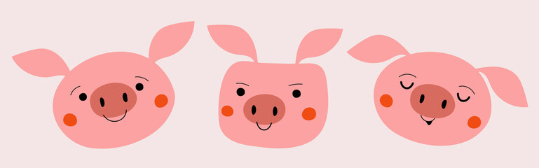 Funny vector illustration set with pig heads. Cute collection with farm animal, childish print design