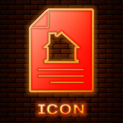 Glowing neon House contract icon isolated on brick wall background. Contract creation service, document formation, application form composition. Vector