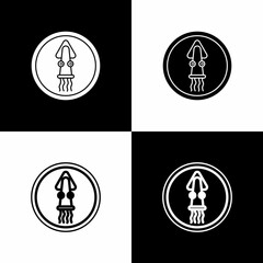 Set Octopus on a plate icon isolated on black and white background. Vector.
