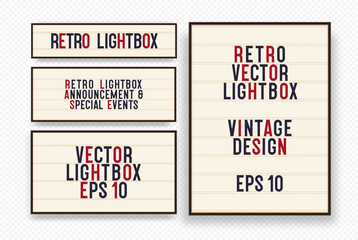 Lightbox vector retro banner set diffeernt size high quality, vintage billboard or bright signboard with changeable letters on grunge background. 10 eps