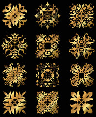 A set of vector vintage golden floral ornamental design icons. 