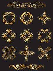A set of vector vintage golden floral decorative design icons. 