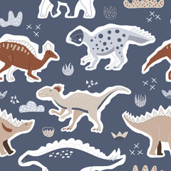 Kids seamless pattern with hand drawn funny dinosaurs. Creative vector cute background for fabric, textile 