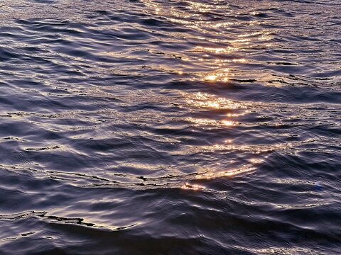 Sea glittering golden waves at sunset.