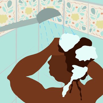 Frau mit rotem Haar duscht und w&auml;scht sich die Haare im Badezimmer mit Retro Fliesen in t&uuml;rkis, petrol, Illustration im Bad