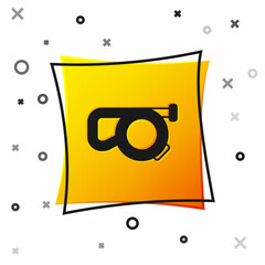 Obraz premium Black Retractable cord leash with carabiner icon isolated on white background. Pet dog lead. Animal accessory for outdoors walk. Yellow square button. Vector