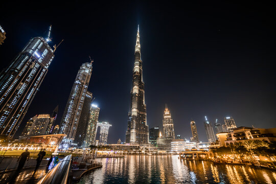 Dubai, UAE - November 09, 2021: Burj Khalifa in the night - is the tallest skyscraper in the world standing at 829.8m in Dubai, UAE