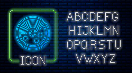 Glowing neon Radar with targets on monitor in searching icon isolated on brick wall background. Search system. Navy sonar. Neon light alphabet. Vector
