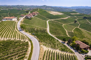Aerial overview of the Romantic Road of the Langhe and Roero among endless landscapes of vineyards. Piedmont Italy