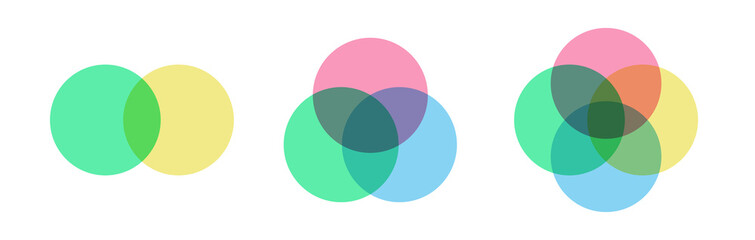 Venn diagram set colorful style for presentation, start up project, business strategy, theory basic operation, infographic chart, logic analysis. Vector 10 eps