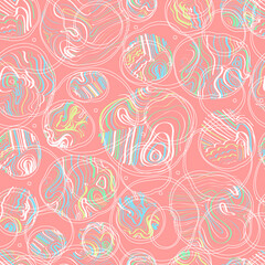Colorful doodle seamless pattern with ink strokes and circles. Pink scratched background