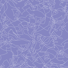 Seamless pattern of animal silhouettes in different poses. Cute cats play, jump. Vector line graphics.