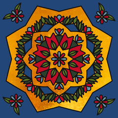 Golden floral mandala with flowers, folk and geometric elements. Ethnic old ornament. Seamless pattern for the tile