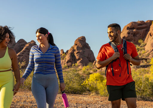 Group Of Friends Hiking Together In Arizona Desert Landscape 