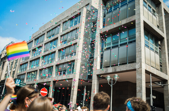 Confetti Flying Above Pride Crowd 
