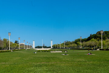 Lisbon, Portugal. April 10, 2022: Eduardo VII Park on a summer day with a beautiful blue sky.