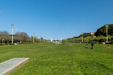 Lisbon, Portugal. April 10, 2022: Eduardo VII Park on a summer day with a beautiful blue sky.