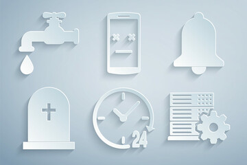 Set Clock 24 hours, Ringing bell, Tombstone with cross, Server setting, Dead mobile and Water tap icon. Vector